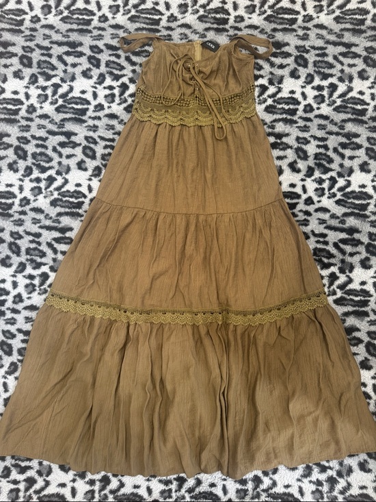 Cider Dresses & Skirts - Cider Dark Olive Maxi Dress with Textured Crochet Trim